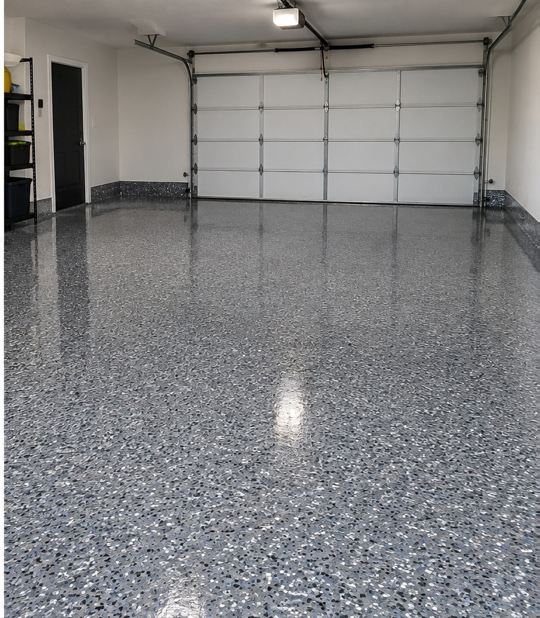 Same garage with a full-flake epoxy floor, glossy grey and speckled