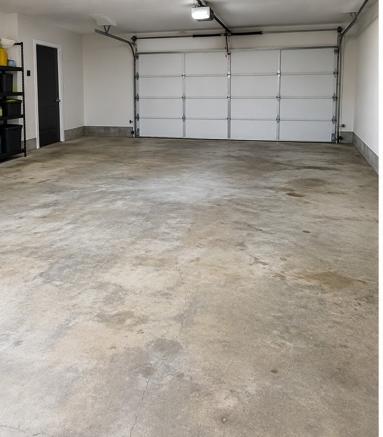 Two-car garage with bare, stained concrete floor